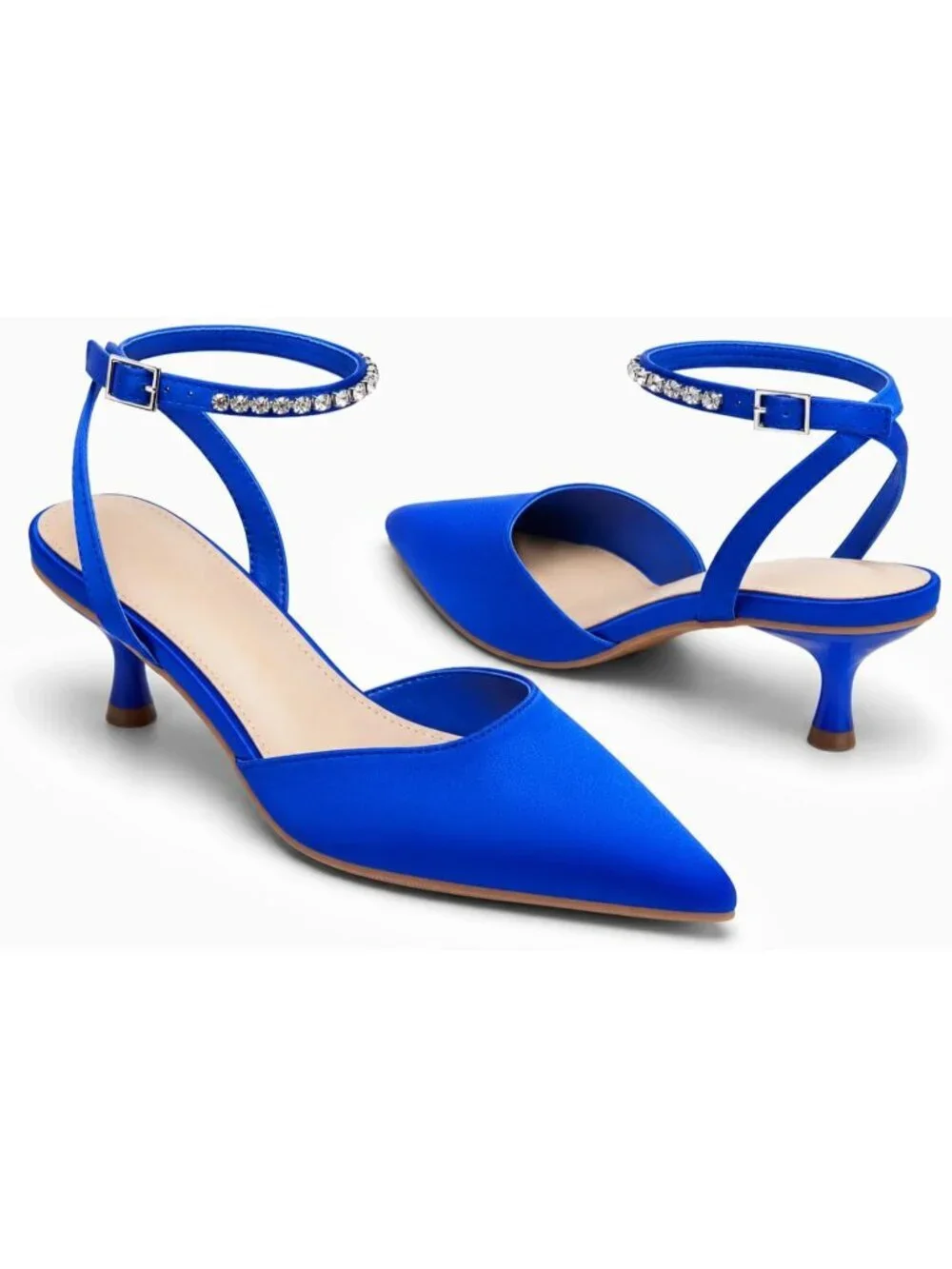 Women's Blue Satin Closed Pointed Toe Rhinestone Ankle Strap Wedding Pump Shoes
